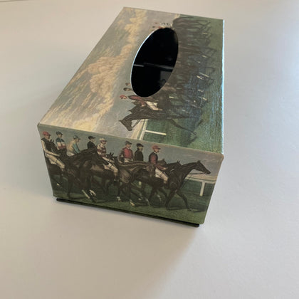 Decorative tissue box stainless steel 5 sided decoupage racehorse